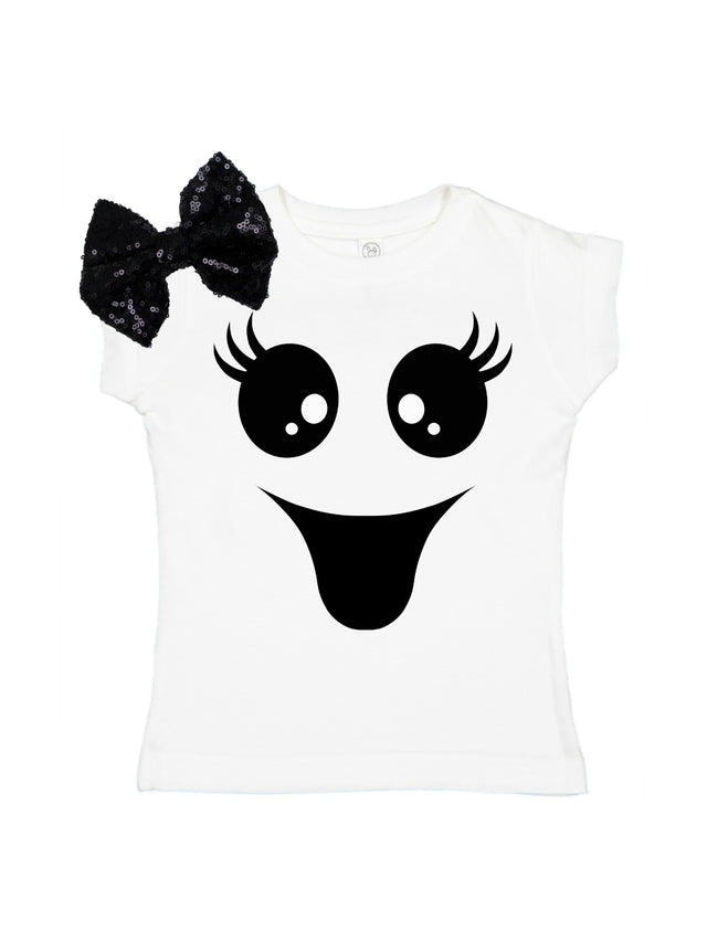 Smiling Ghost Face Shirt in White with Black Sequin Bow