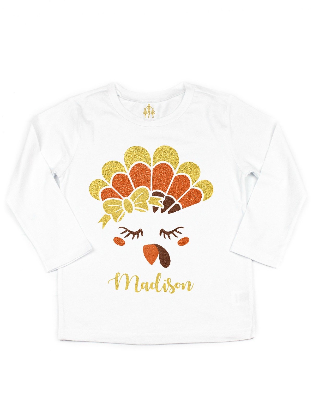 Short sleeve girls glitter turkey face Thanksgiving shirt