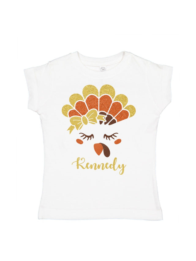 Short sleeve girls glitter turkey face Thanksgiving shirt