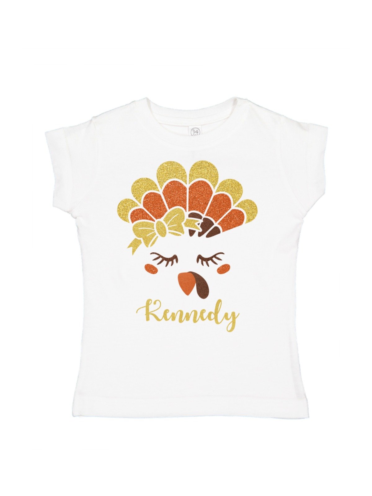 Short sleeve girls glitter turkey face Thanksgiving shirt