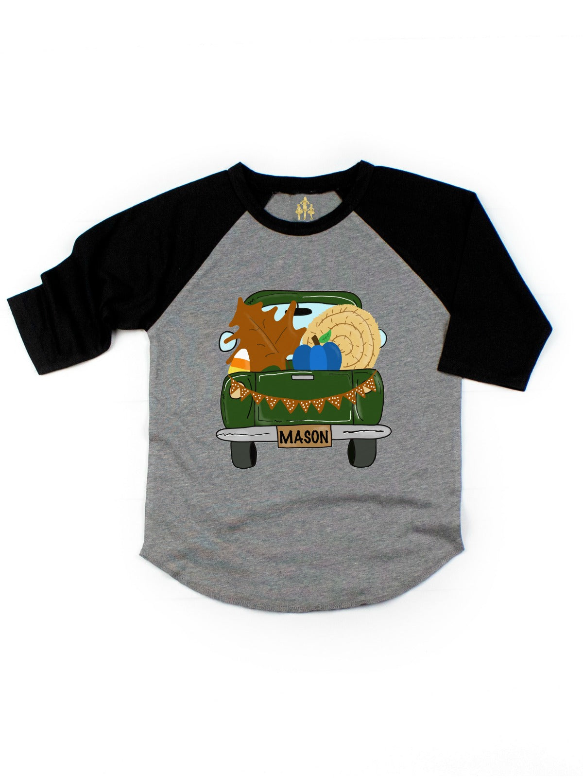 Personalized Kids Thanksgiving Shirt with leaf, candy corn, and pumpkins