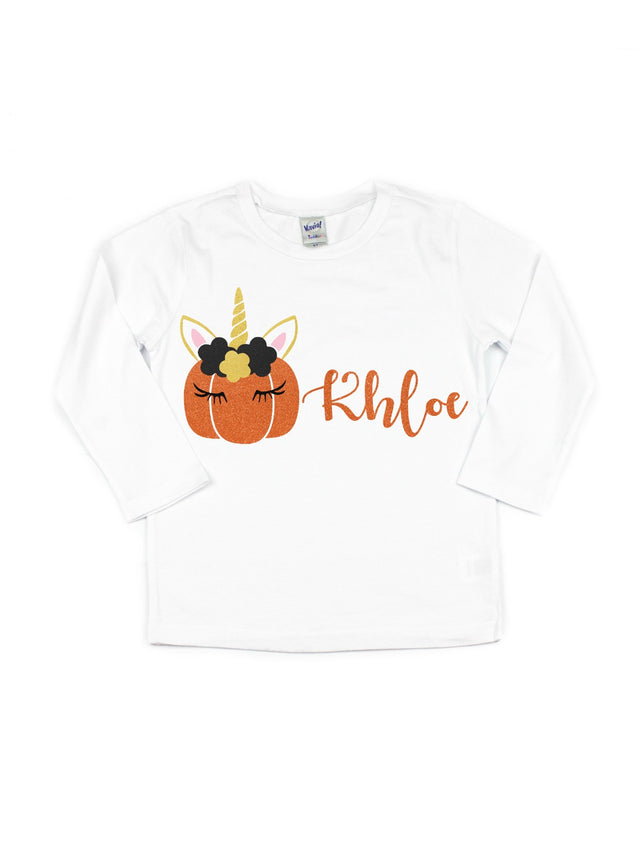Long sleeve white shirt with unicorn pumpkin and name Khloe in orange