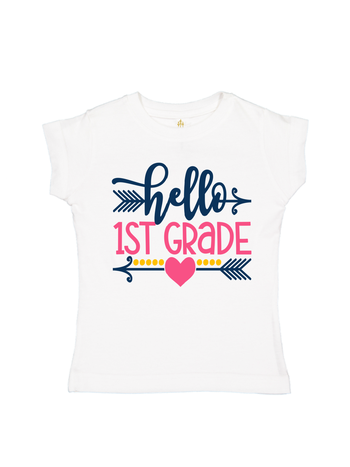 White girls t-shirt with “Hello 1st Grade” in pink and navy with heart and arrows
