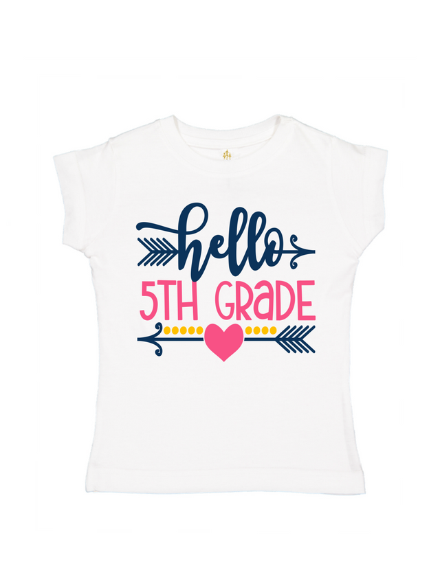 White girls t-shirt with “Hello 5th Grade” in pink and navy with heart and arrows
