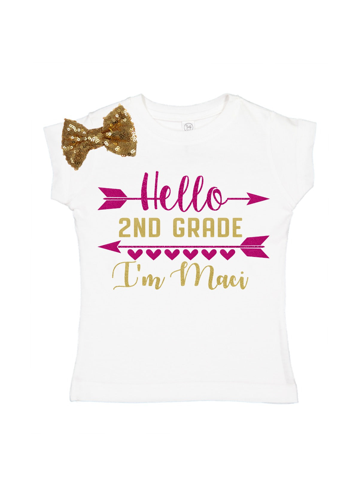 Hello 6th Grade personalized girls first day of school tutu outfit with white shirt, pink tulle skirt, and gold and red sequin bows – MM of Philly