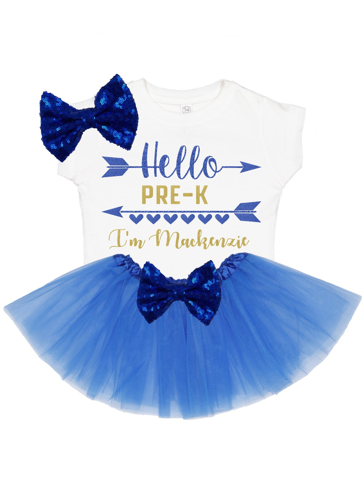 Royal blue and gold personalized “Hello Pre-K” girls tutu outfit with custom name shirt, tulle skirt, and matching sequin bows – MM of Philly