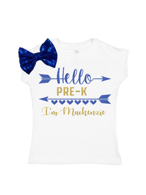 blue and gold hello pre k outfit for girls 