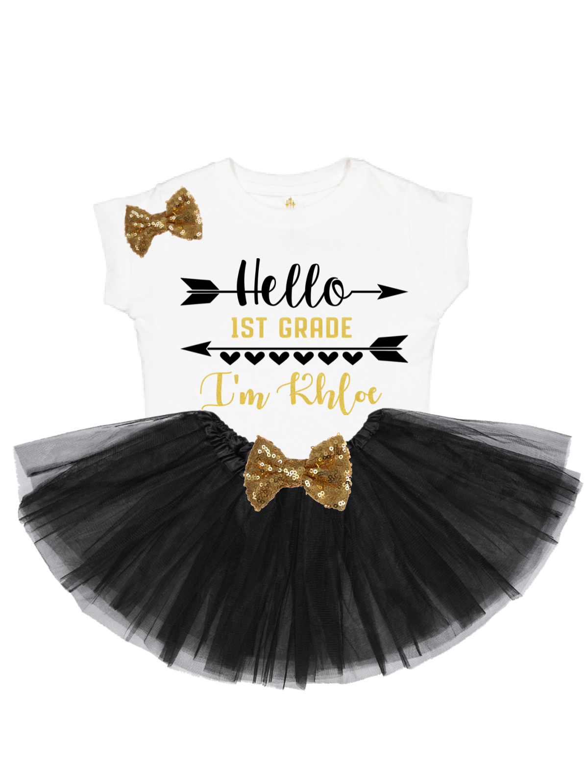 Girls personalized first day of school outfit with “Hello 1st Grade” white shirt and black tulle tutu skirt featuring gold sequin bows