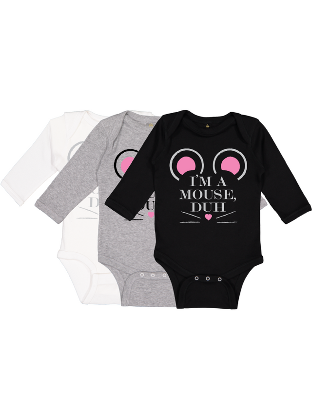im a mouse duh baby bodysuits in black, gray, and white