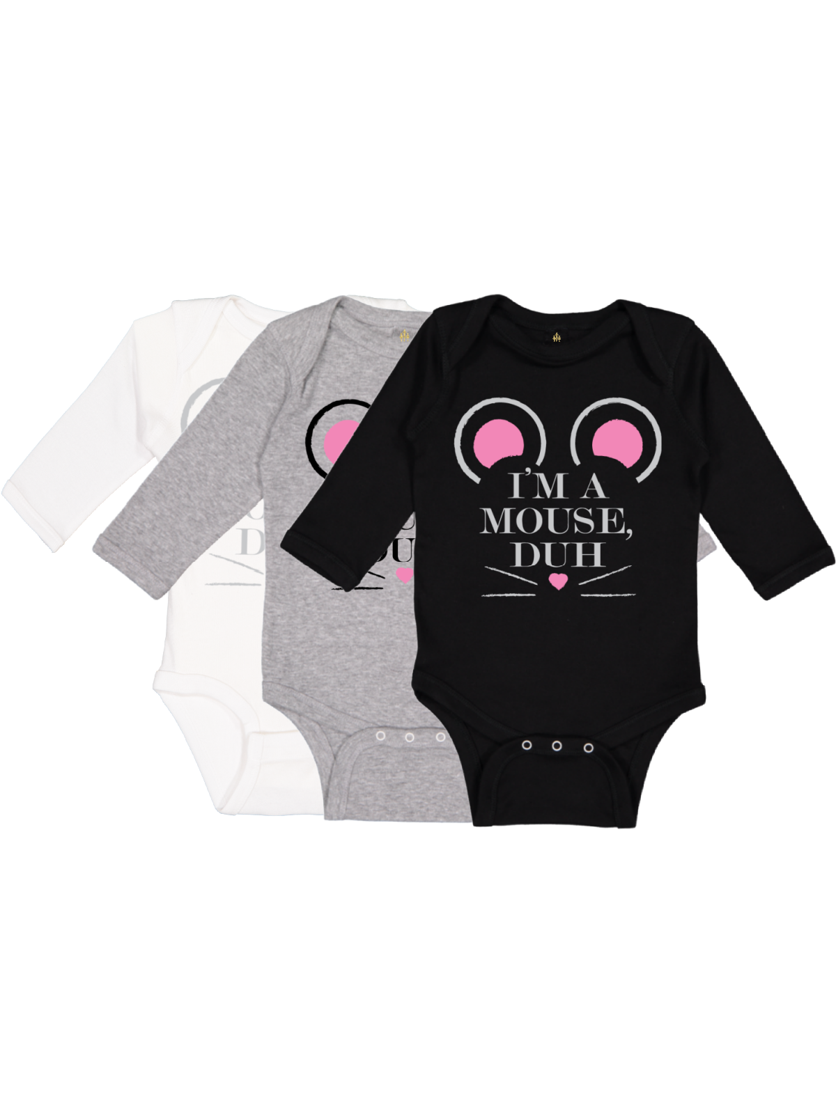 im a mouse duh baby bodysuits in black, gray, and white