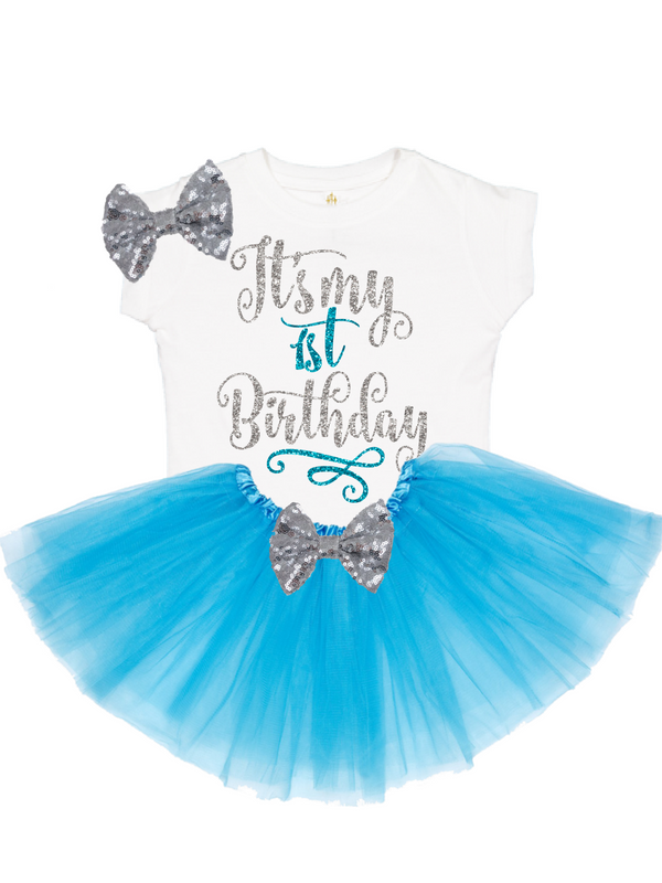 It's My First Birthday Girls Blue and Silver Tutu Outfit
