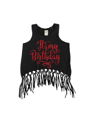it's my birthday red and black fringe tank top