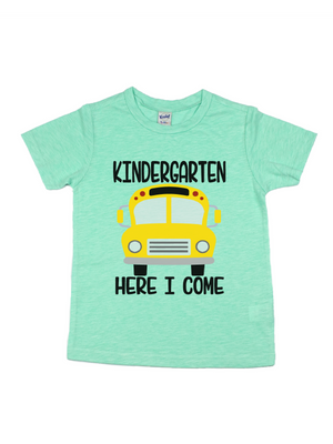 Kindergarten Here I Come School Bus Shirt in Green