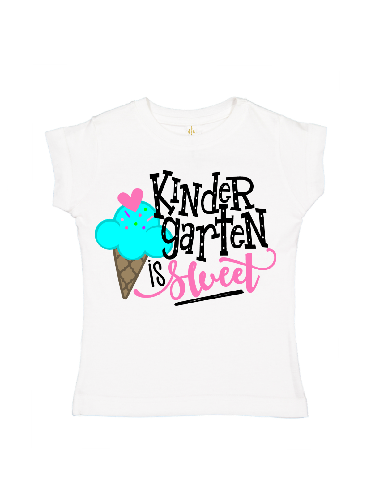 Set of girls’ “Kindergarten is Sweet” t-shirts with ice cream cone design, available in white, pink, blue, and black