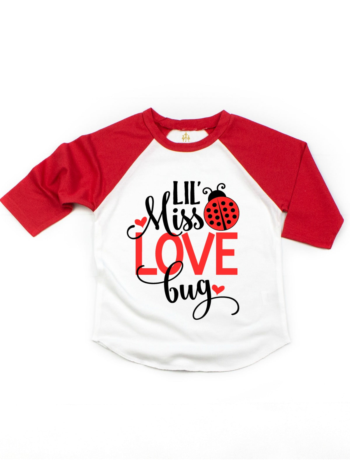 red and white kids shirt with Lil Miss Love Bug and a Lady Bug in red with black polka dots Valentine's Day shirt