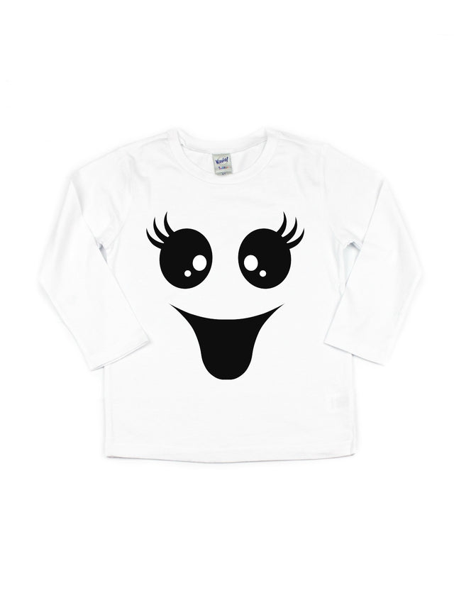 White, Long Sleeve Smiling Ghost Face Halloween Shirt for Girls