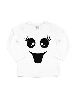 White, Long Sleeve Smiling Ghost Face Halloween Shirt for Girls