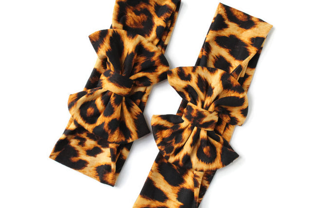 Matching mommy and me leopard print headbands with knotted bow design by Mackenzie Madison of Philadelphia