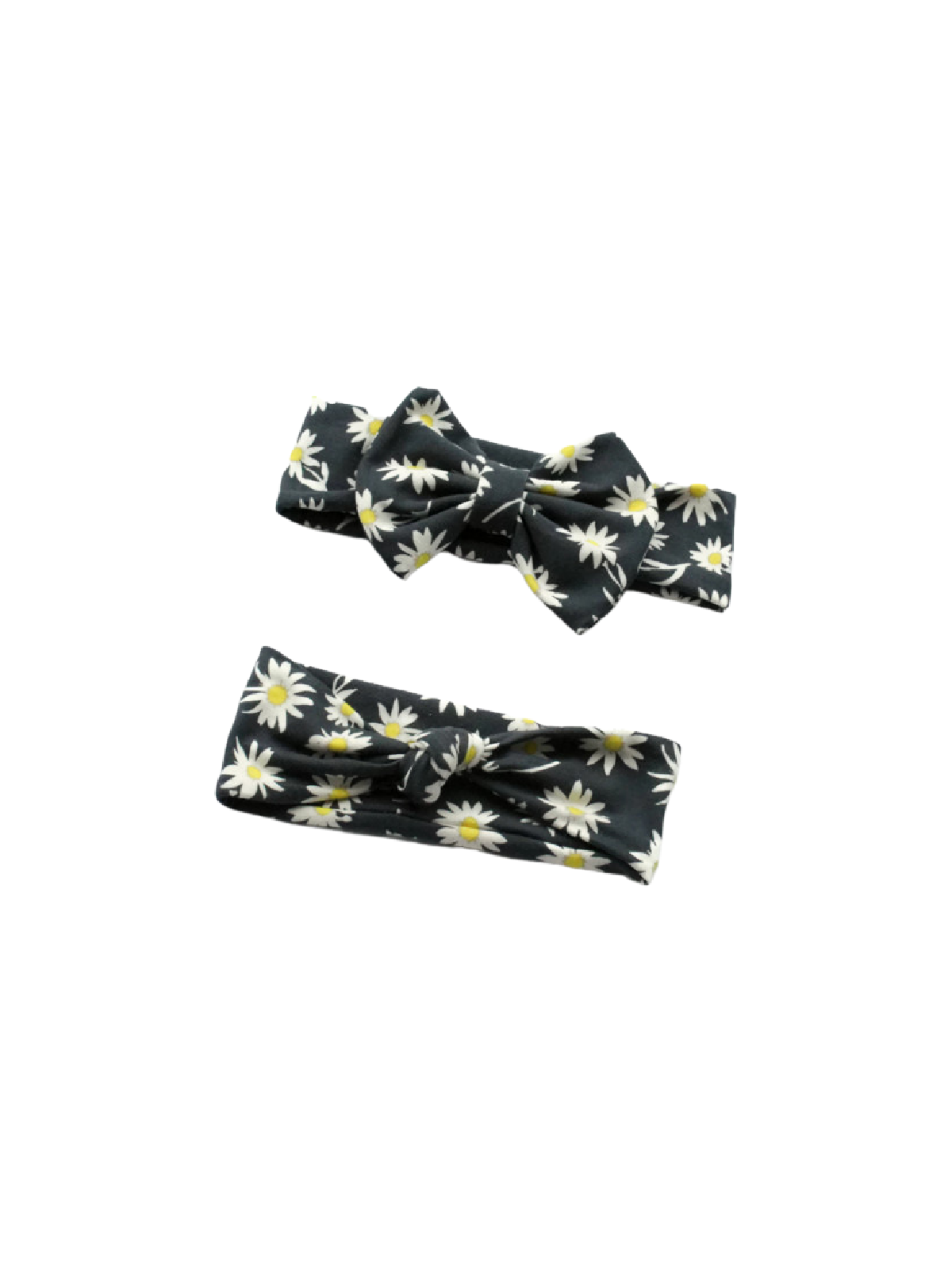 Mommy and me daisy floral headband set featuring a black background with white daisy print—adult knot style and kids' oversized bow.