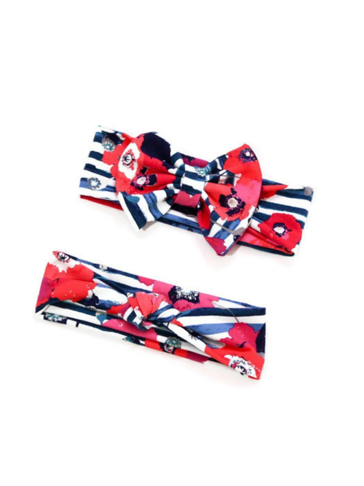 Matching mommy and me floral headbands with red flowers and navy stripes, handmade stretch knit set