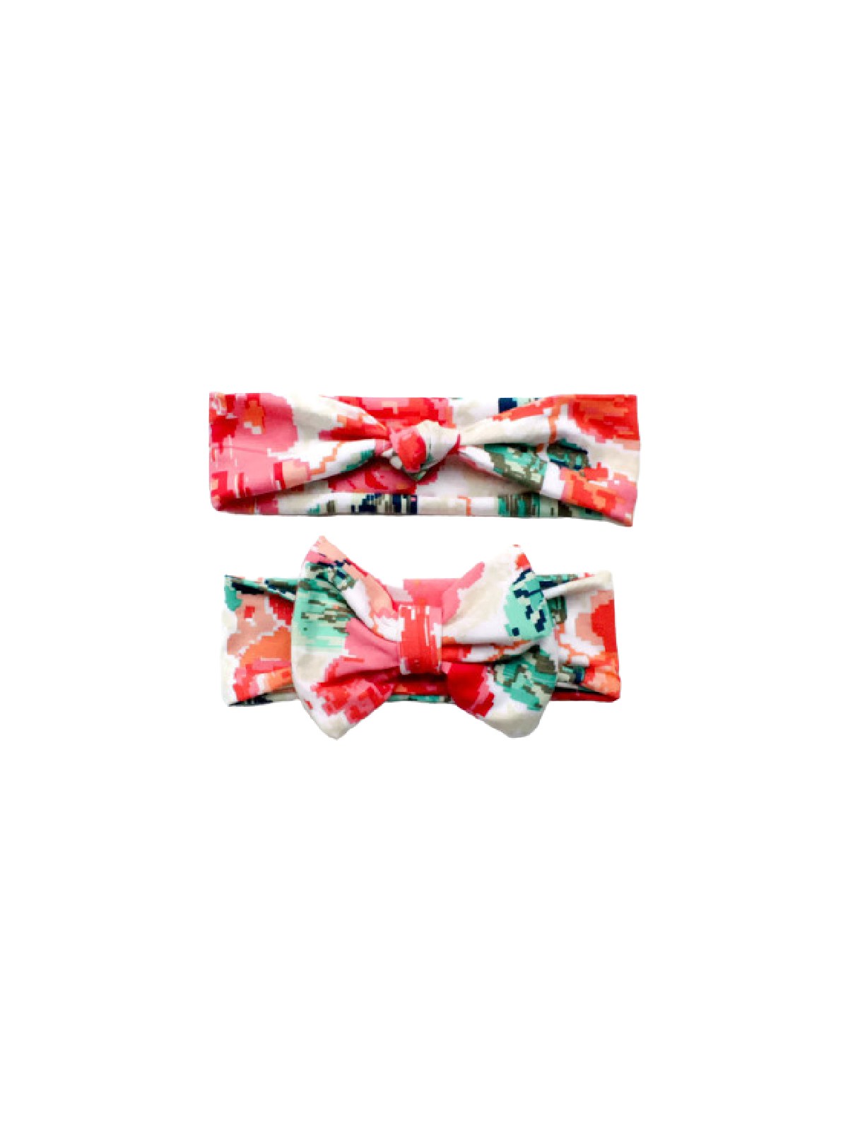 Matching mommy and me coral floral bow headbands with pixelated rose print in pink, green, and cream