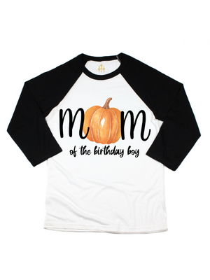 mom of the birthday boy raglan shirt pumpkin theme