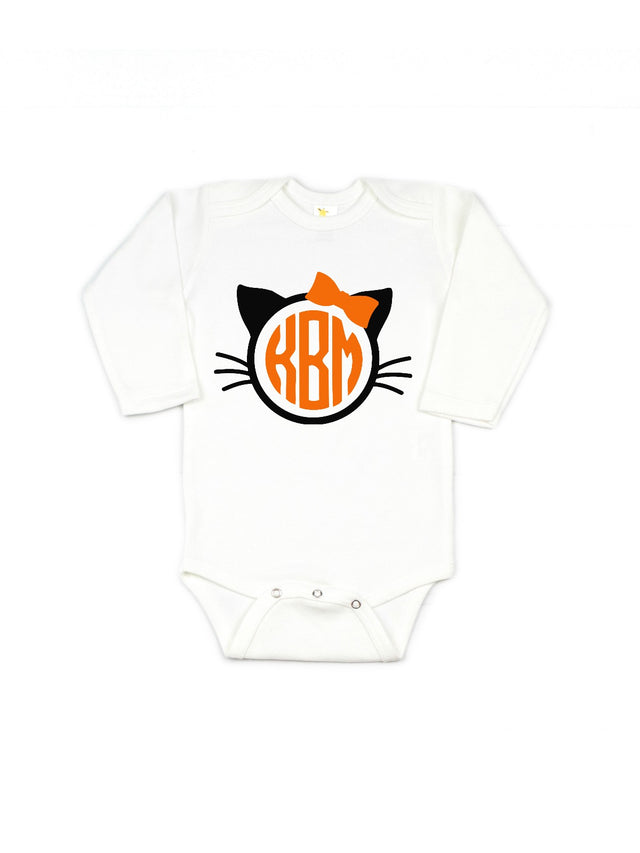 Monogrammed Halloween Kitten Baby Bodysuit, Long Sleeve White