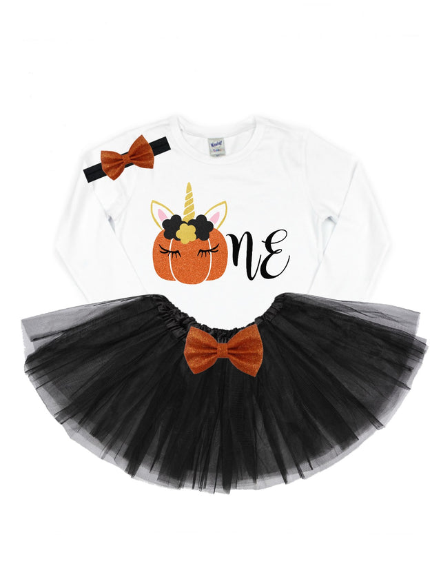 Long Sleeve First Birthday Tutu Outfit that says ONE Unicorn Pumpkin
