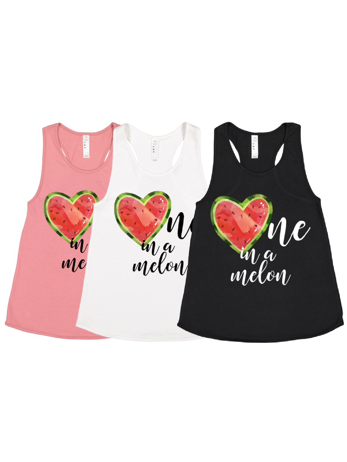 girls one in a melon watermelon tank tops in white, black, and red