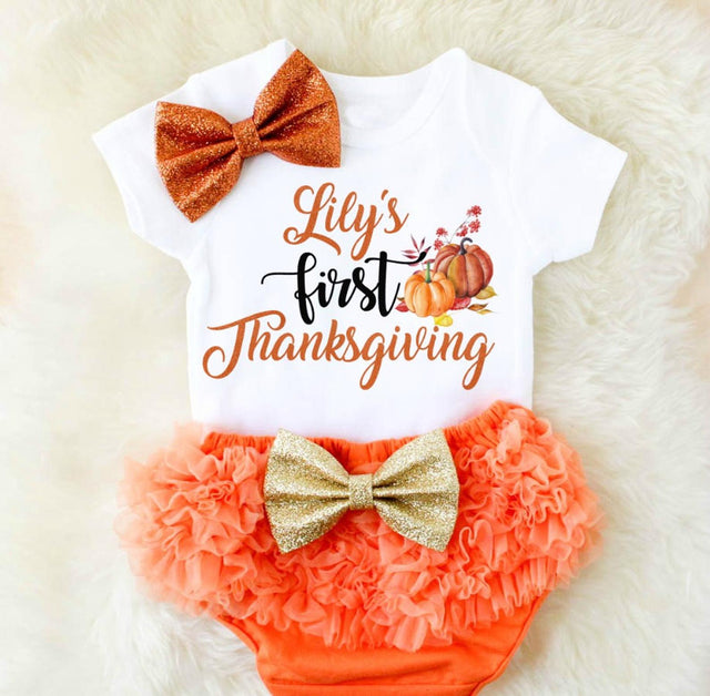 Short Sleeve Baby Girl's First Thanksgiving Outfit with Top and Diaper Cover