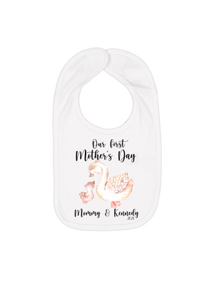 our first mother's day personalized baby swans bib