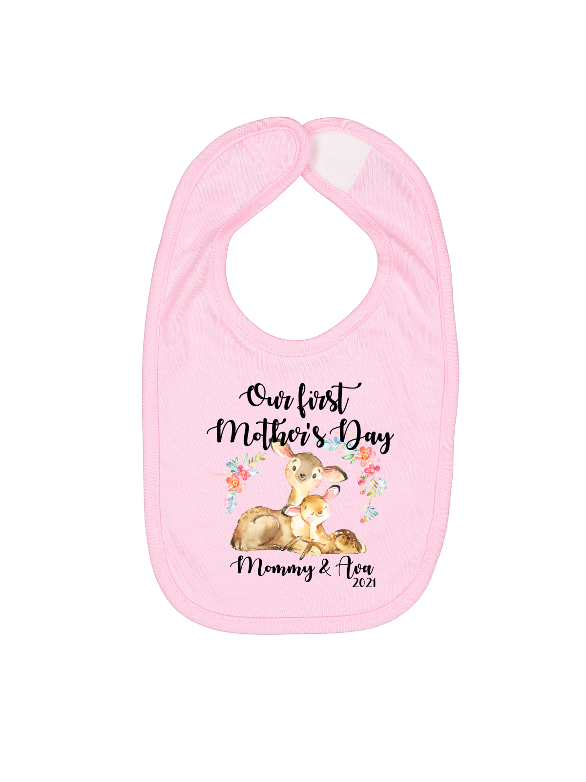 our first mothers day mommy and me baby bib in pink