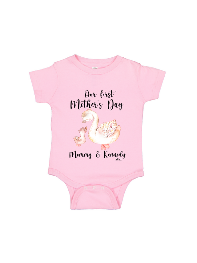 our first mother's day mommy and me swans bodysuit