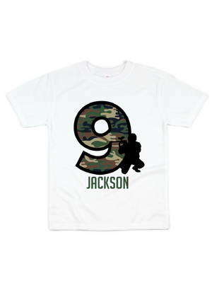 airsoft camo birthday shirt for boys in white