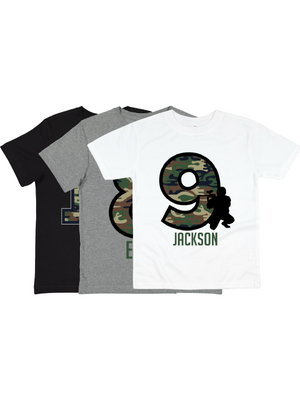 boys paintball birthday shirts in white, gray, and black