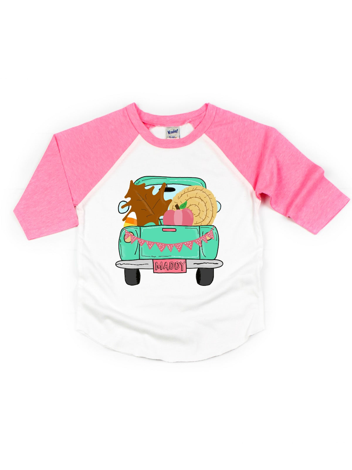 personalized girls fall pumpkin leaves candy corn truck raglan shirt
