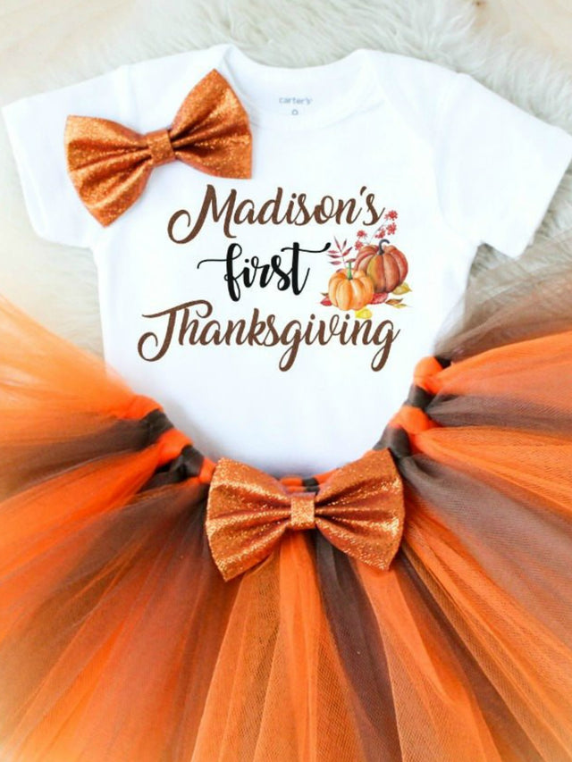 Personalized Baby Girl's First Thanksgiving Outfit with Brown and Orange Handmade Tutu