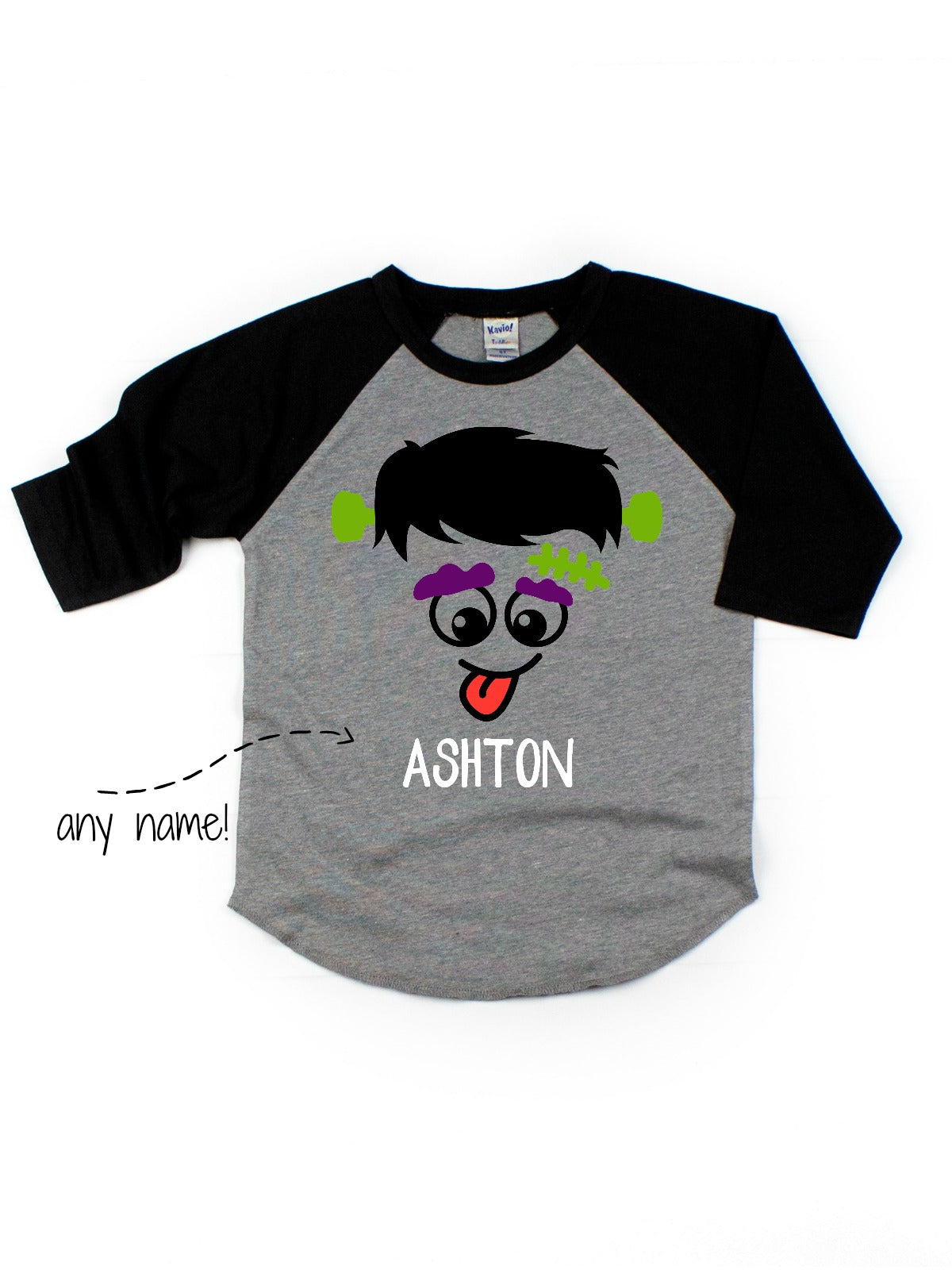 Black and Gray Raglan Silly Frankenstein Face Kids Halloween Shirt