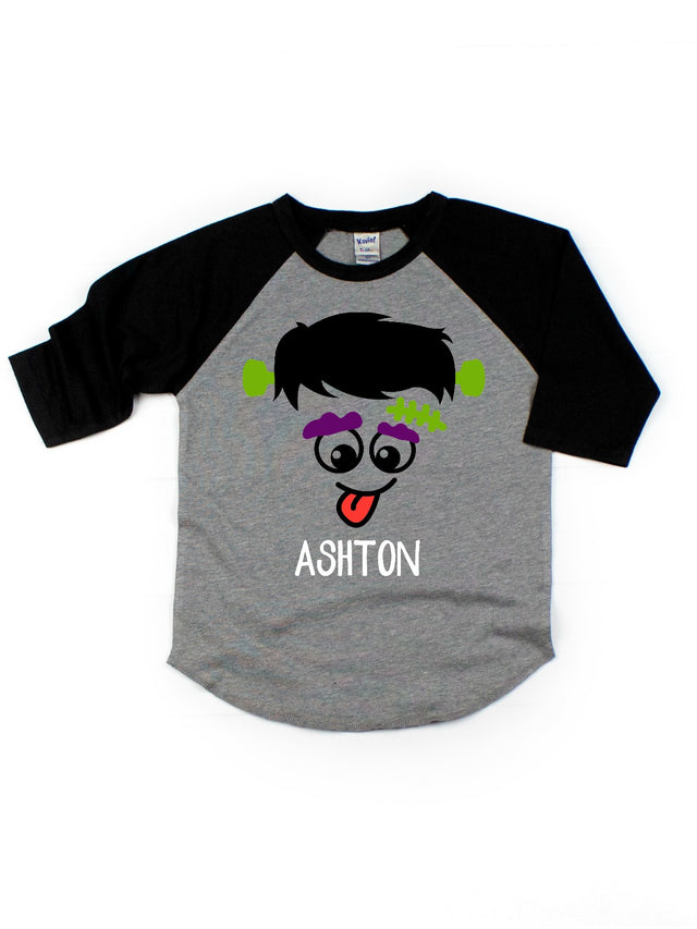 Black and Gray Raglan Silly Frankenstein Face Kids Halloween Shirt
