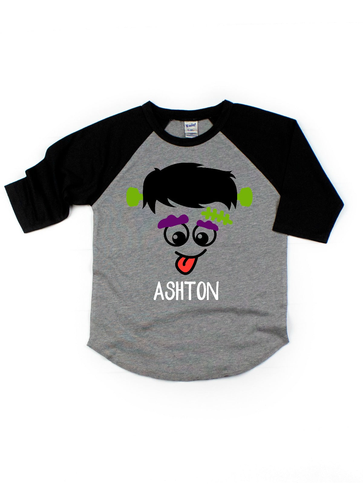 Black and Gray Raglan Silly Frankenstein Face Kids Halloween Shirt