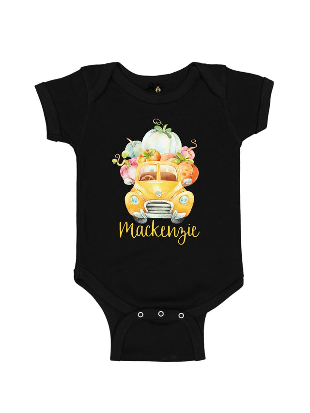 personalized yellow truck full of pumpkins baby girl bodysuit