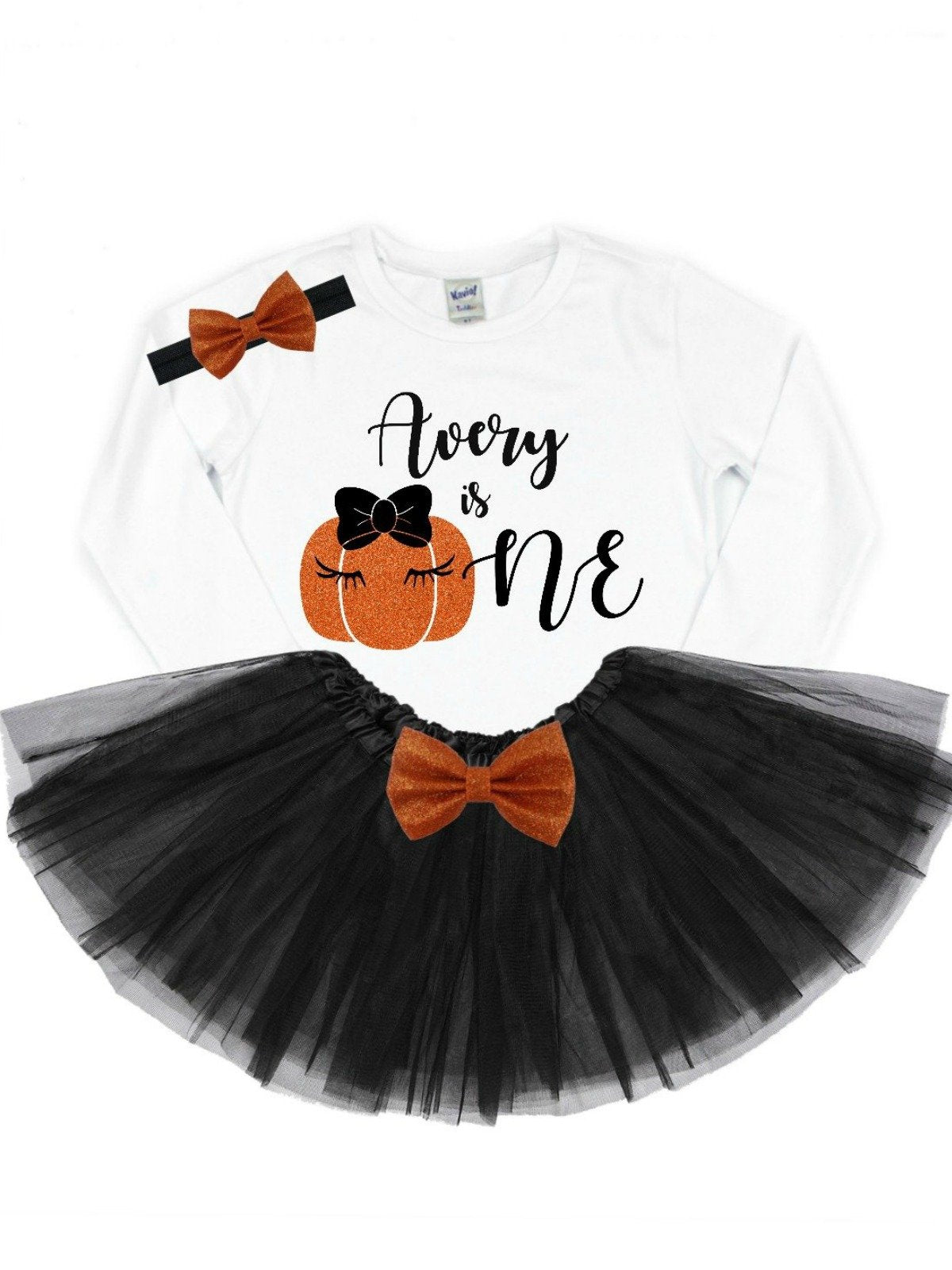 Personalized Girls Birthday Outfit that reads Name is ONE with the O in One being a pumpkin