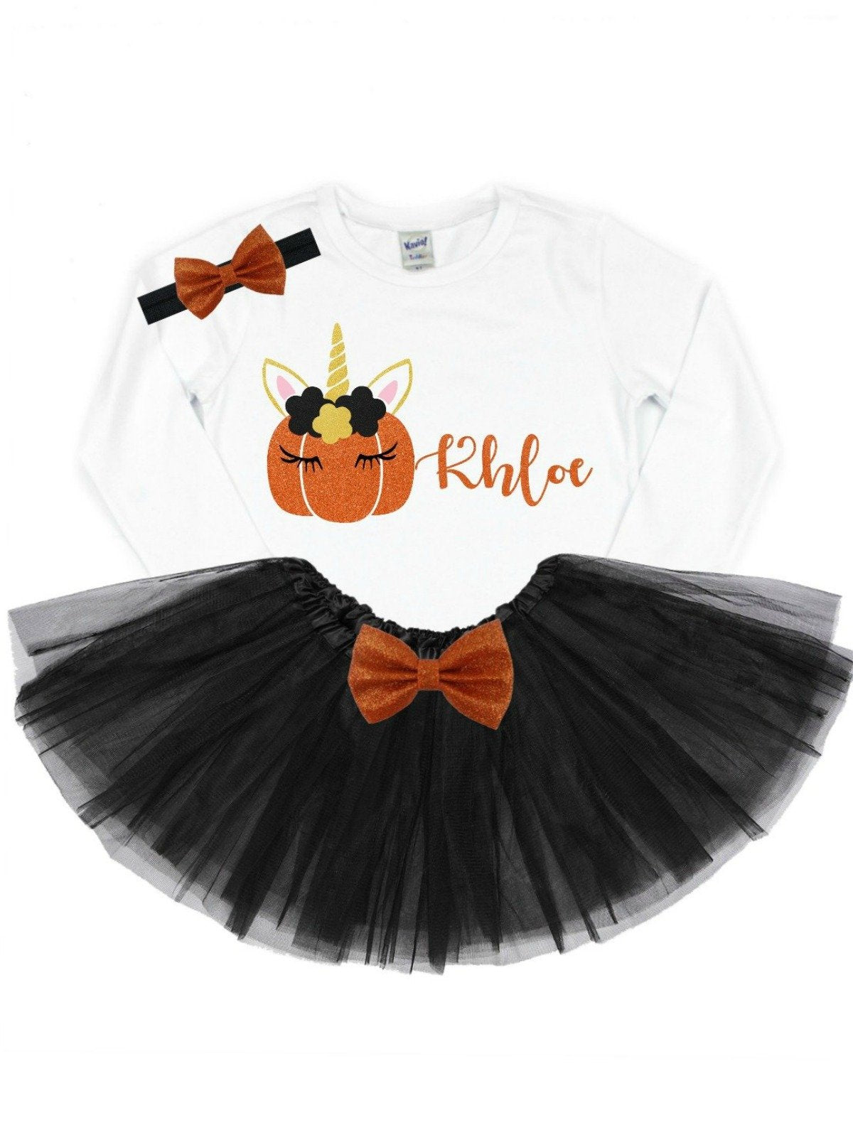 White Long Sleeve Shirt with unicorn pumpkin design and black tutu with orange bow. Orange bow on black headband