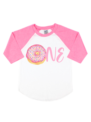 pink and white sprinkle donut first birthday shirt