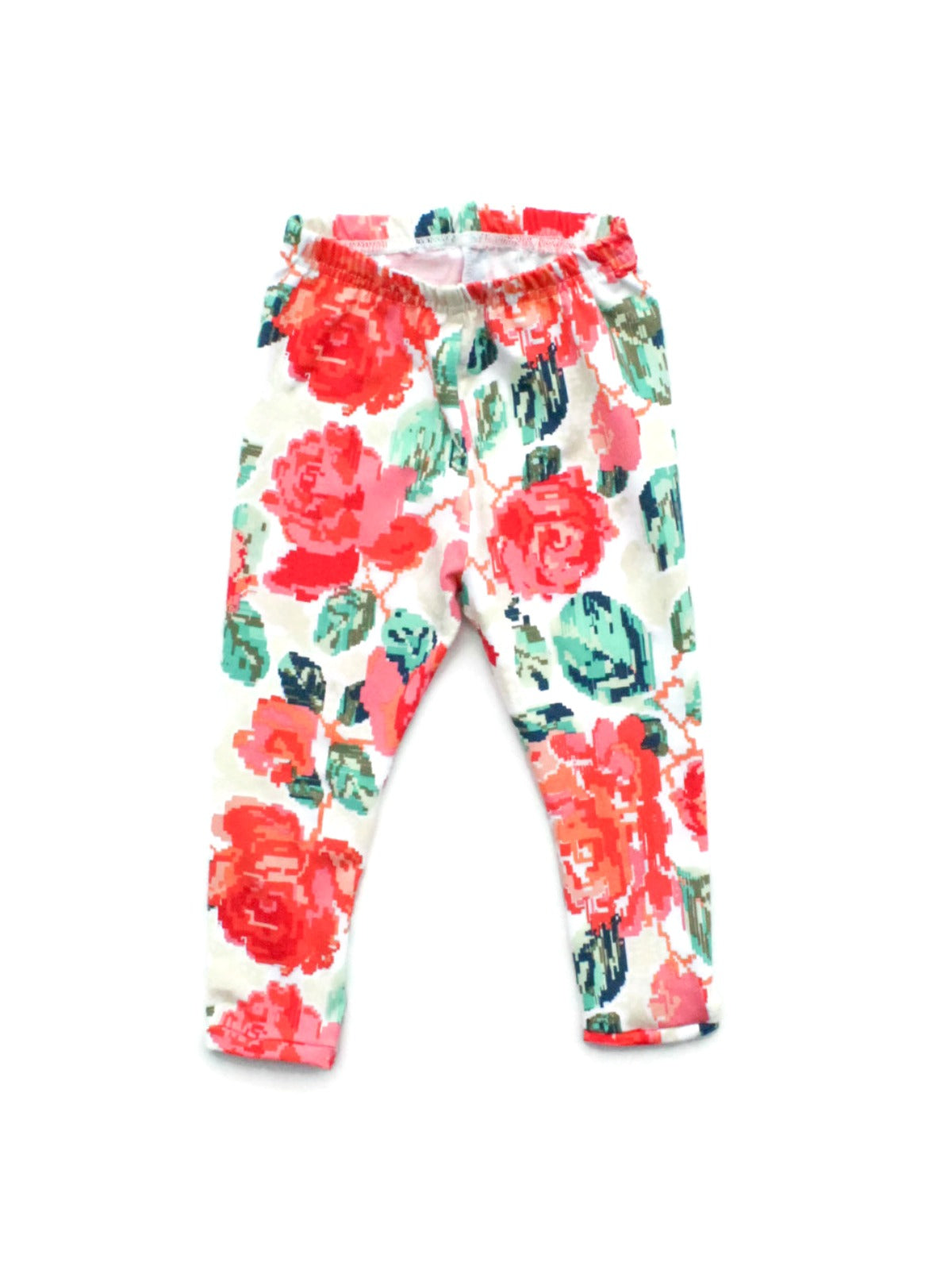 Girls' handmade coral floral cotton leggings with elastic waistband for Mommy and Me outfit