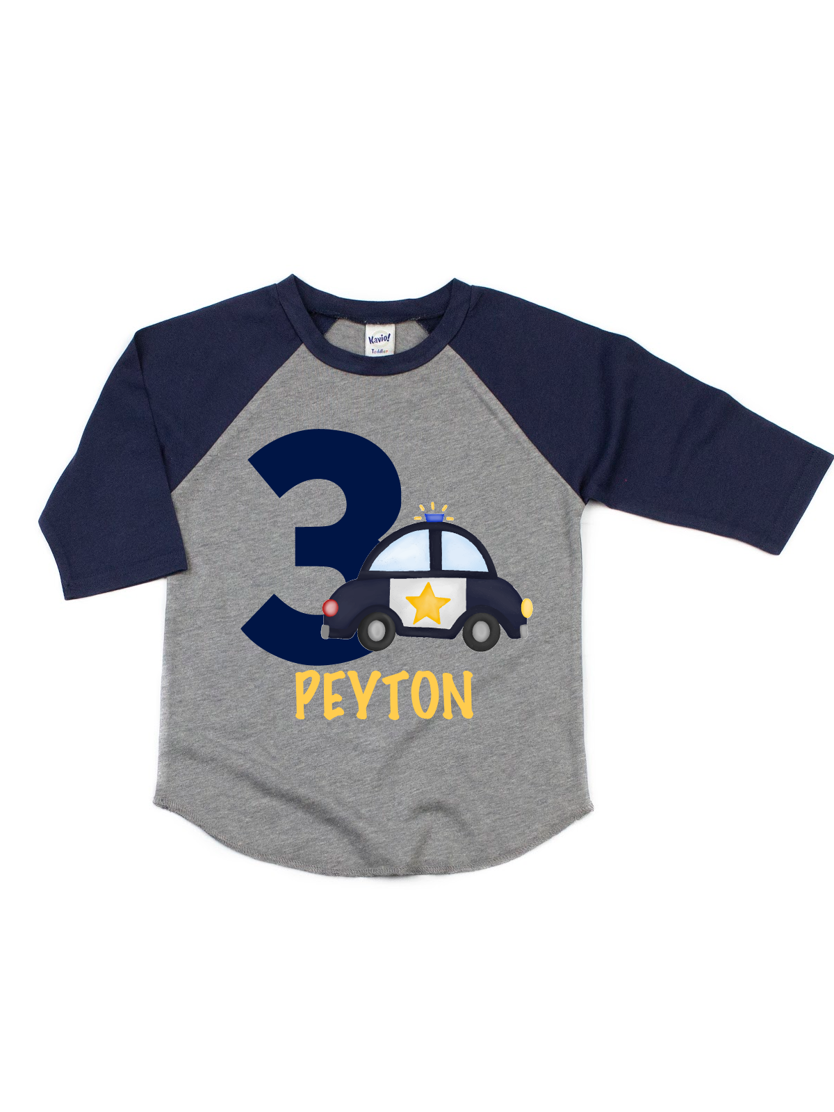 police car birthday raglan shirt in navy and gray 