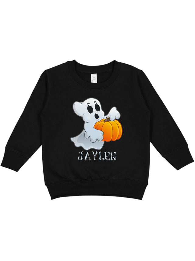 Black, long sleeve Halloween sweatshirt with Ghost holding a pumpkin