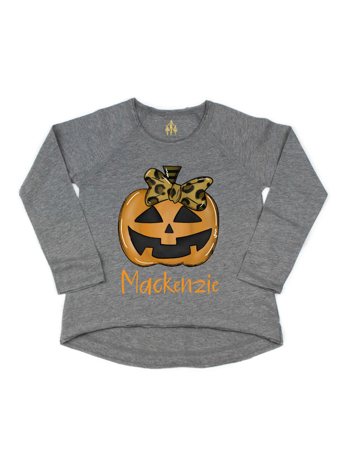 Long Sleeve Gray Girls Smiling Jack-o-Lantern Halloween Shirt