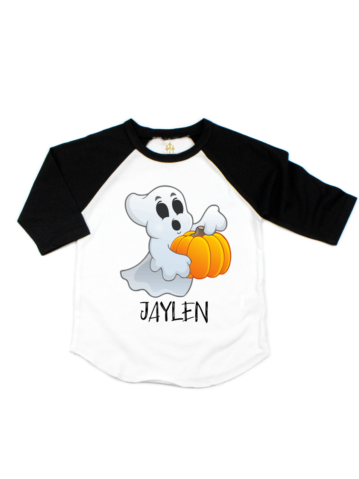 White and black raglan style shirt with ghost holding pumpkin design