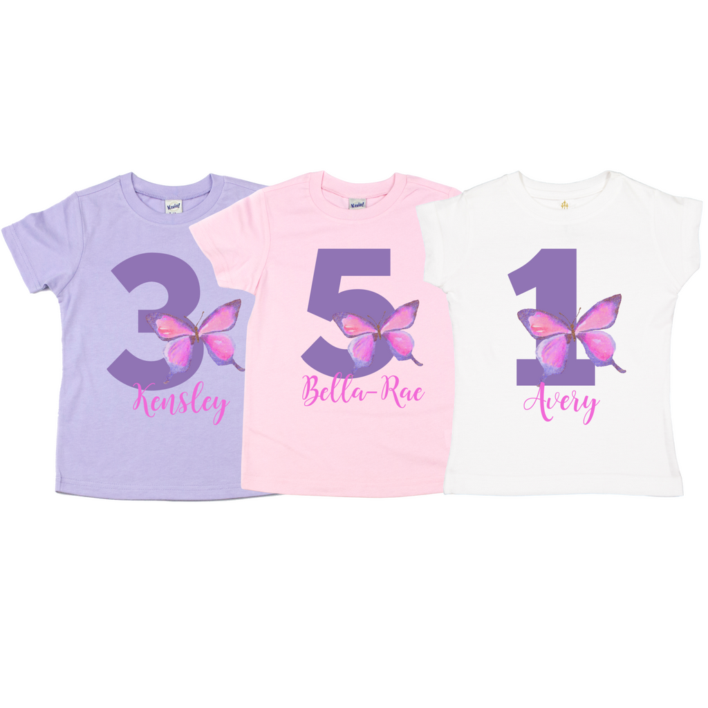 the birthday　まとめ売り　sizeS〜М Personalized Butterfly Birthday Kids Shirt - Purple, Pink